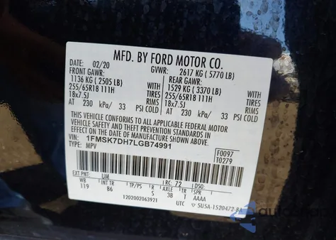 2020 Ford Explorer Xlt from USA, damaged, VIN 1FMSK7DH7LGB74991